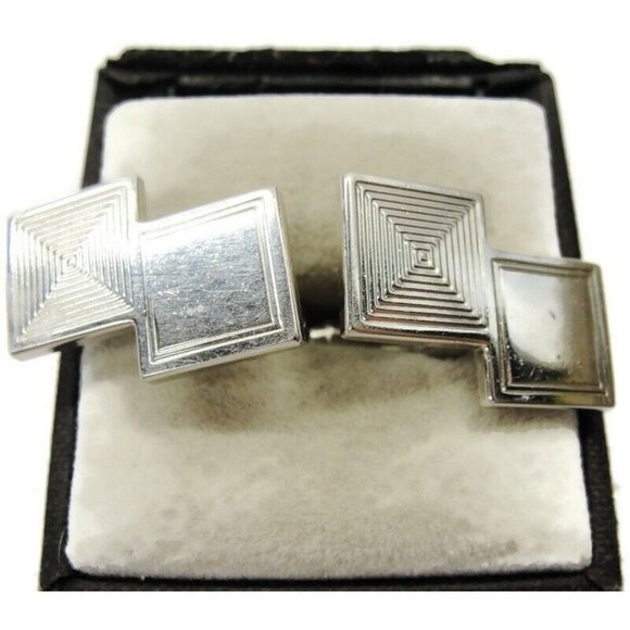 Double Square Cufflinks Smooth Lined Silver Tone Tux Shirt Dress Suit Vintage - Picture 2 of 9
